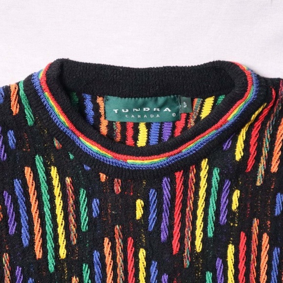 Vintage Tundra Coogi-Style 3D Knit Sweater Colorful Canada Black Geometric - Picture 3 of 5
